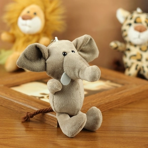 Detailed view of a soft gray plush elephant pendant with big ears and white tusks