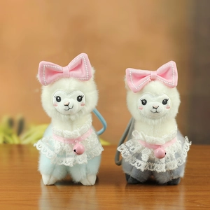 Cute alpaca plush keychain with bow ties and bells in blue and grey colors