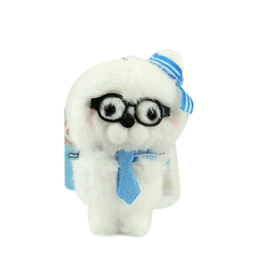 Cute white seal plush keychain with sailor hat, glasses, and blue tie on white background