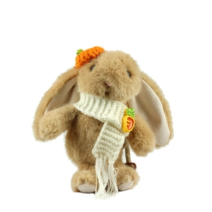 Cute brown plush bunny with carrot scarf and orange headpiece for keychain pendant