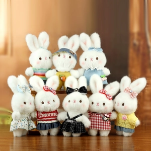 Stuffed Rabbit Plush Toy Keychain White Bunny Doll With Fabric Dress Sweater Outfits Kawaii Pendant Bag Decoration