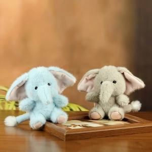 Cute plush elephant keychains in blue and gray, soft stuffed animal charms for backpacks