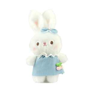 Cute white plush bunny keychain in light blue dress with cherry charm and bow decoration