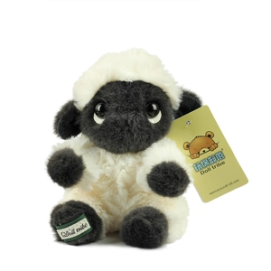 Cute black-faced plush sheep doll with soft white curly fur and brand tag for kids gift