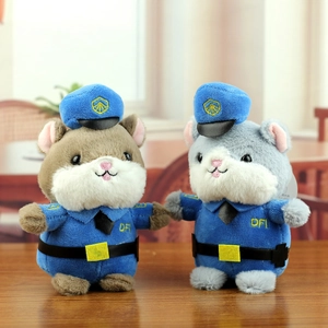 Cute brown and gray plush hamsters in blue police uniforms as decorative keychains