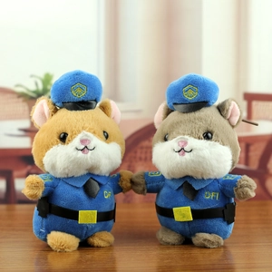 Plush police hamster keychains in blue uniforms on a wooden table, set of two hamsters