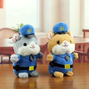 Detailed view of two plush hamster police officers with hats and uniforms on wood surface