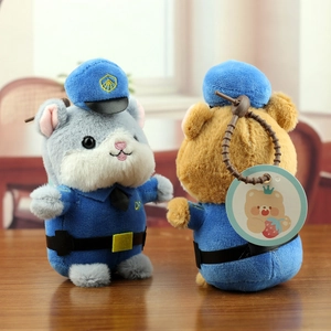 Detailed front and back view of police hamster plush keychain with blue uniform and bead chain