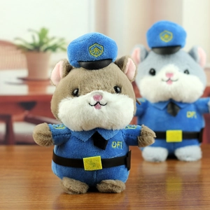 Close-up of plush hamster police doll showing detailed embroidery and uniform textures