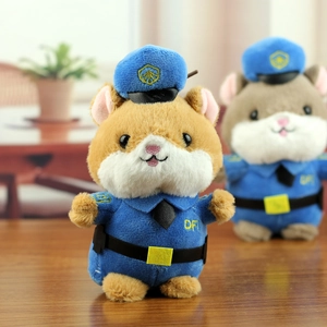 Close-up of cute plush hamster keychains wearing blue police uniforms with detailed badges