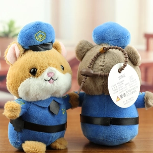 Front and back detail of 12cm plush police hamster keychain with uniform and hat