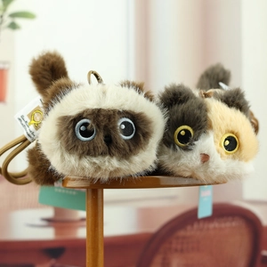 Cute Siamese and Calico cat plush head keychains with soft faux fur and metal lobster clasps