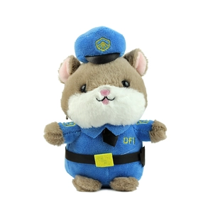 Cute hamster plush toy dressed in a detailed blue police uniform with hat and tie