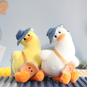Detail view of plush duck keychains featuring denim hats and cute toast bags