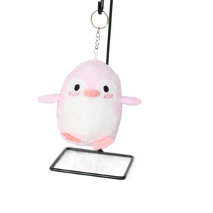 Pink penguin plush keychain with silver metal clip on white background