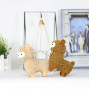 Cute alpaca plush keychain set with bow tie in beige and brown colors for bag decor