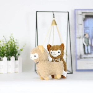Cute alpaca plush keychain set in beige and brown with checkered bows for backpacks