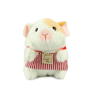 Cute white and orange guinea pig plush keychain wearing a red striped apron and wood tag