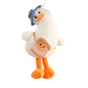 Cute plush duck keychain with blue hat and toast bag on white background