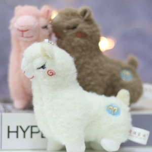 Detail of cute alpaca plush keychains with Aries zodiac embroidery in three colors