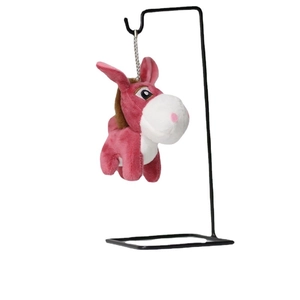 Pink plush horse keychain with metal chain hanging on a minimalist display stand