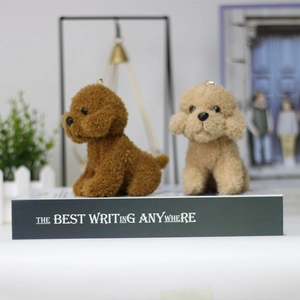 Plush teddy dog keychains in brown and beige displayed on a book for birthday gifting