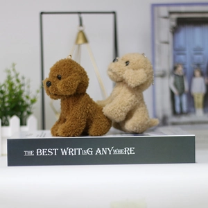 Cute teddy dog plush keychain in brown and beige colors with curly lamb wool texture