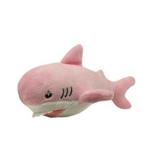Pink plush shark keychain for bags featuring soft fabric and cute stuffed animal design