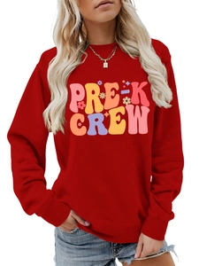 Detailed view of the vibrant red Pre-K Crew sweatshirt with colorful typography and patterns