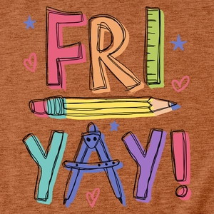 Detail of creative FRI YAY! pencil typography and stationery print on rust orange T-shirt