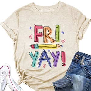 Detail of apricot T-shirt with 'FRI YAY' school stationery print and pencil art