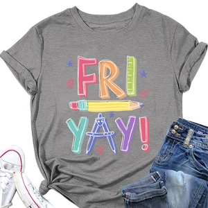 Detail of grey cotton t-shirt with Fri Yay pencil print and stationery patterns
