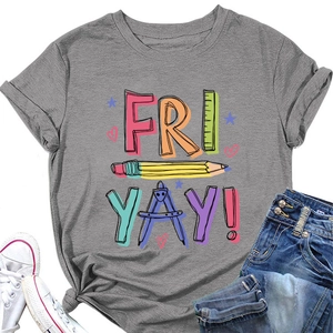 Detailed view of grey Fri Yay t-shirt with colorful pencil and ruler graphic print