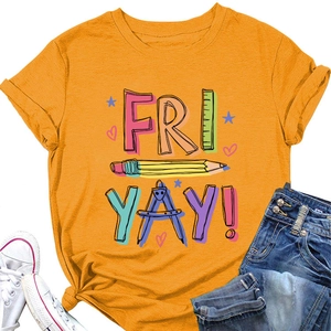 Detail of orange cotton T-shirt with FRI-YAY lettering and school stationery graphics