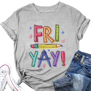 Detail of grey crewneck T-shirt with Fri Yay pencil graphics and stationery print