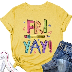 Flat lay of yellow T-shirt with FRI-YAY stationery print, denim shorts and sneakers