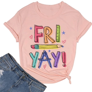 Pink cotton t-shirt with colorful Fri Yay pencil graphics and stylish front hem knot
