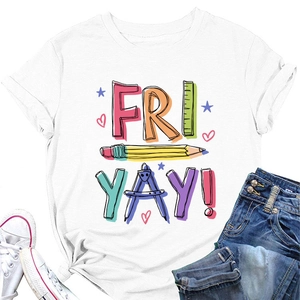 Detail showing the colorful stationery pencil graphic and 'FRI YAY!' print on a white T-shirt