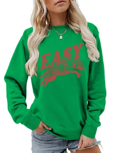 Close-up of green crewneck sweatshirt with vintage tiger print and EASY graphic text