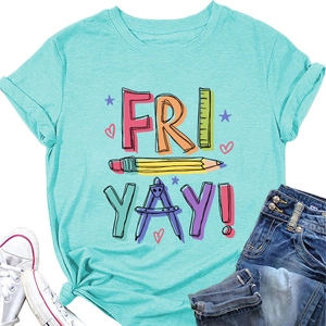 Detail of turquoise Fri-Yay t-shirt with pencils and ruler graphics for teachers