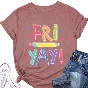 Flat lay of dusty rose T-shirt with Fri Yay pencil print, denim shorts and sneakers