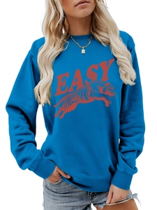 Detail of blue crewneck sweatshirt featuring red vintage tiger and EASY text print