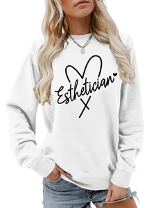 Detail of ribbed neckline and Esthetician graphic on white cotton crewneck sweatshirt
