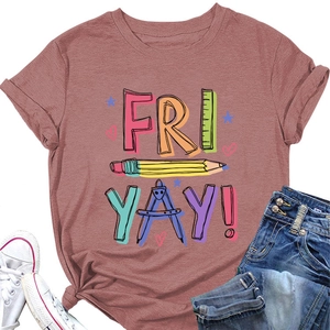 Flat lay of dusty pink T-shirt with FRI YAY pencil graphic and stationery print