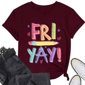 Detail of the Fri Yay pencil graphic on this burgundy casual short sleeve T-shirt