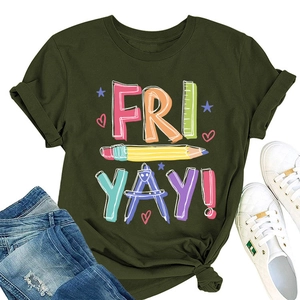 Detail of olive green Fri-Yay pencil graphic print on soft cotton casual T-shirt
