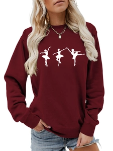Detail of burgundy crewneck sweatshirt with three white ballerina silhouettes on chest