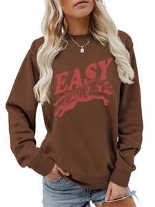 Close-up of vintage red EASY letters and tiger graphic on a brown sweatshirt cotton fabric