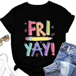 Close-up of black Fri-Yay cotton T-shirt featuring school supply graphics and pencil print