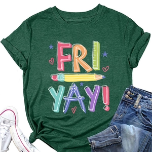 Detailed close-up of dark green Fri Yay pencil print T-shirt with casual styling